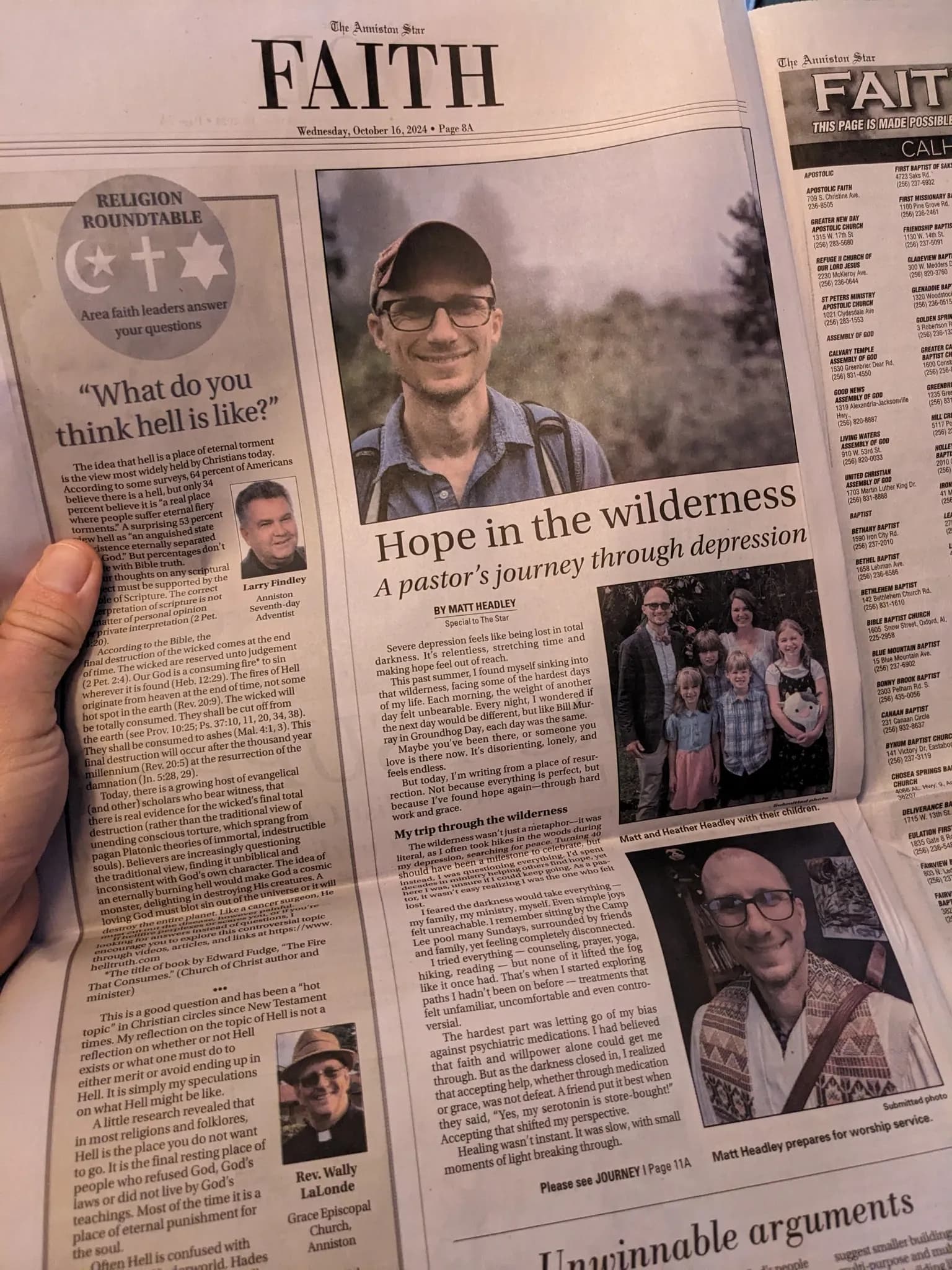 The printed Hope in the Wilderness article in the Anniston Star faith section