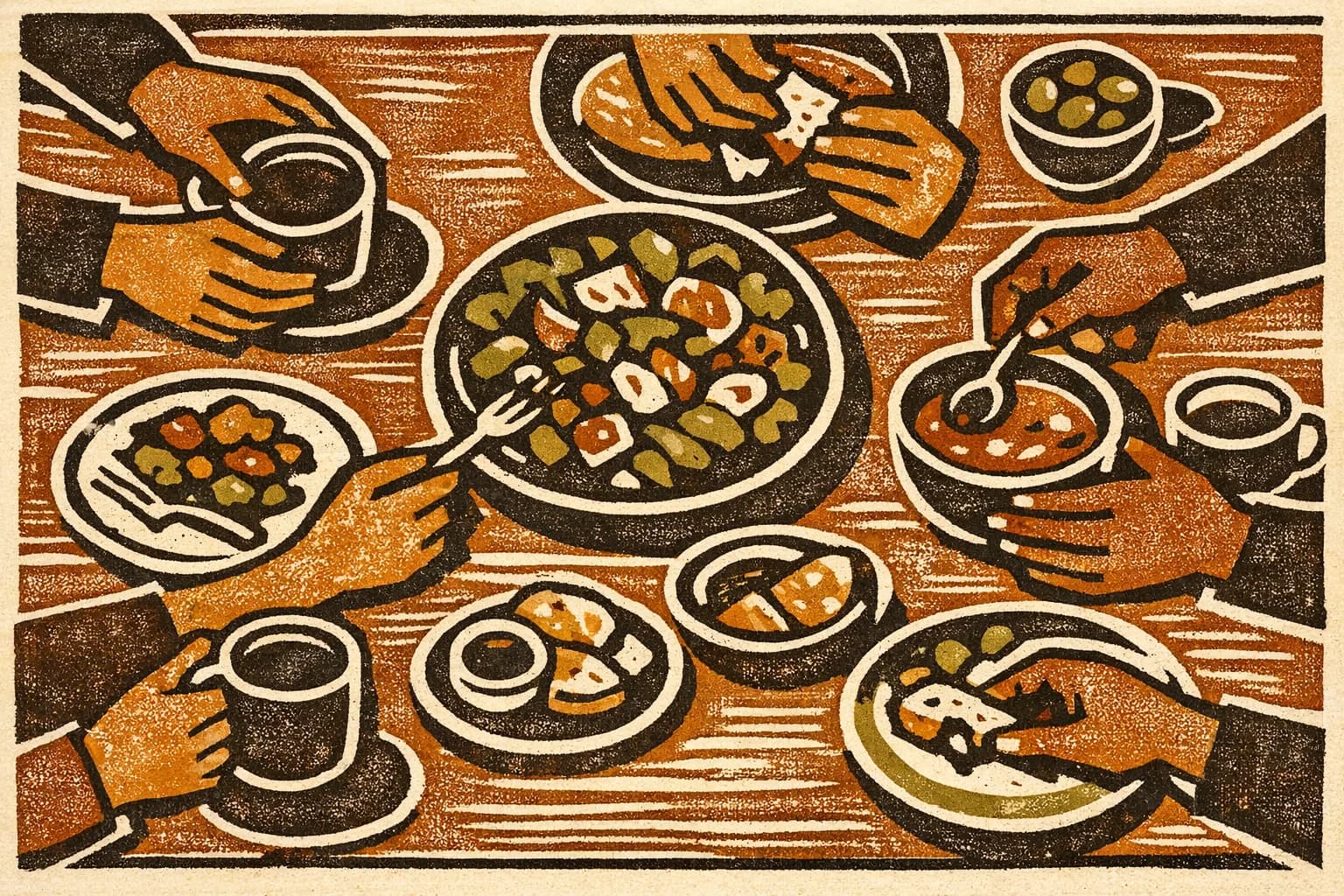 Abstract linocut print of hands gathered around a shared table