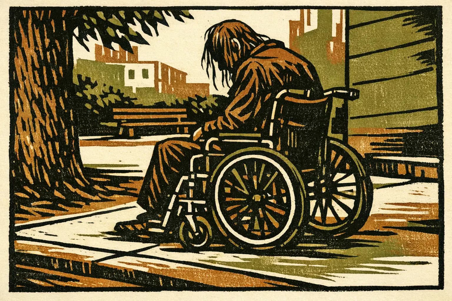 Linocut print of an elderly man with long hair sitting in a wheelchair in an urban park