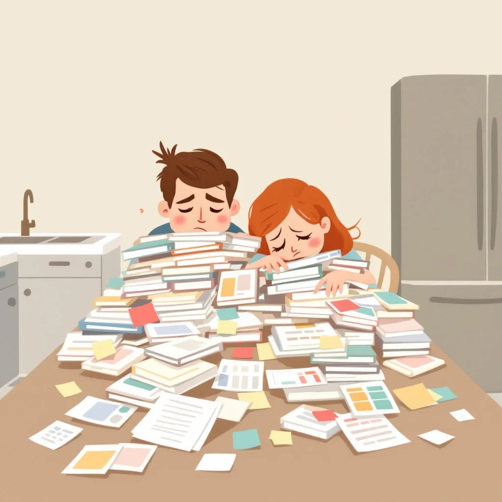 An exhausted couple buried under wedding planning binders and sticky notes