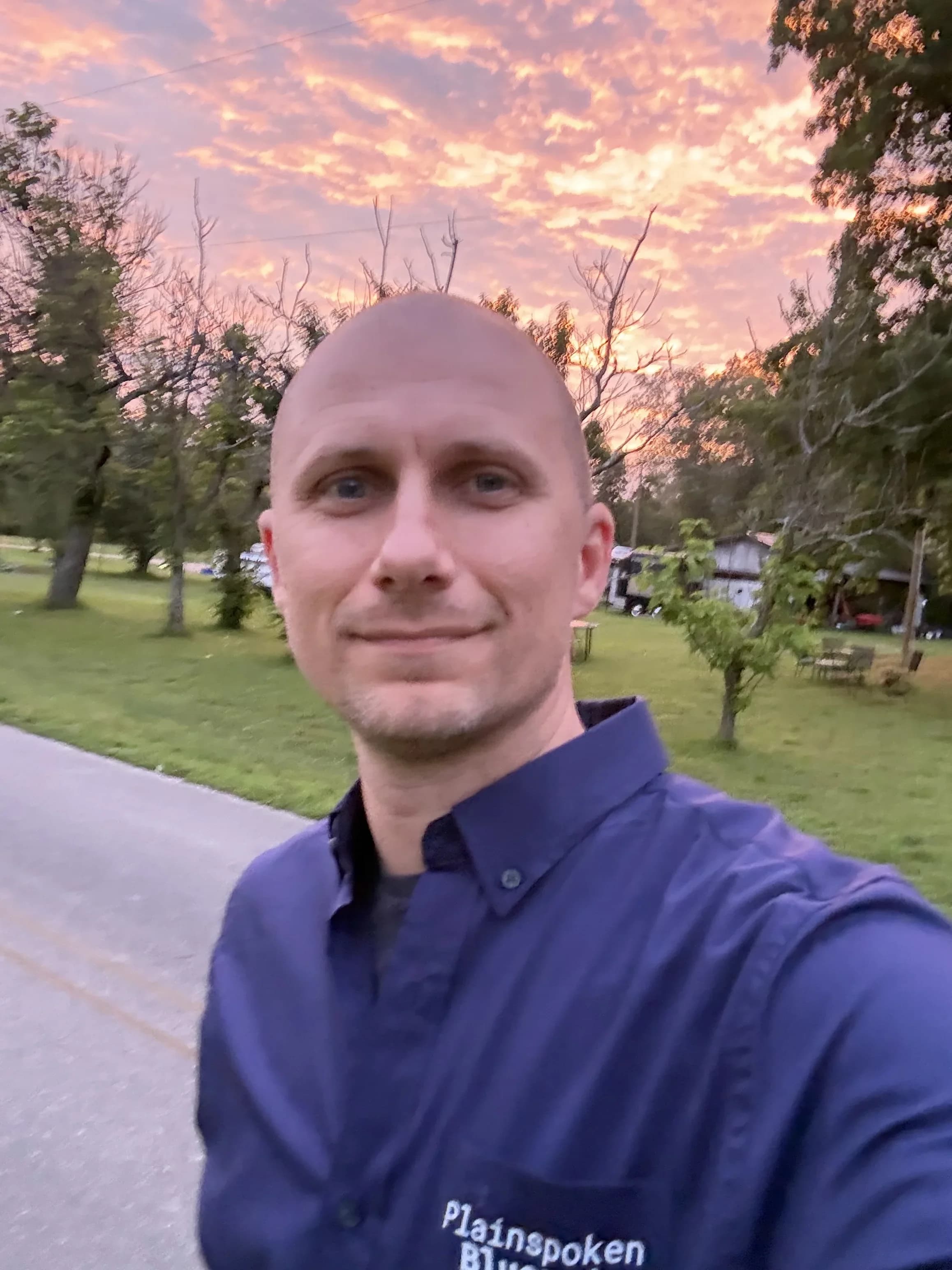 Matt Headley in his Plainspoken Blueprint shirt, 5:15am, May 29 2026
