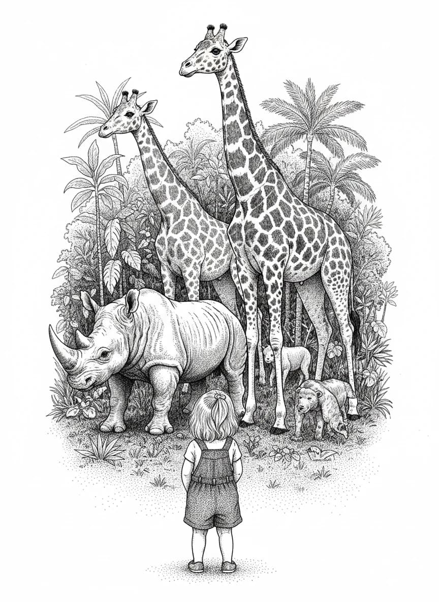 Hedcut illustration of a child looking up at giraffes and wildlife in the Anniston Museum of Natural History diorama