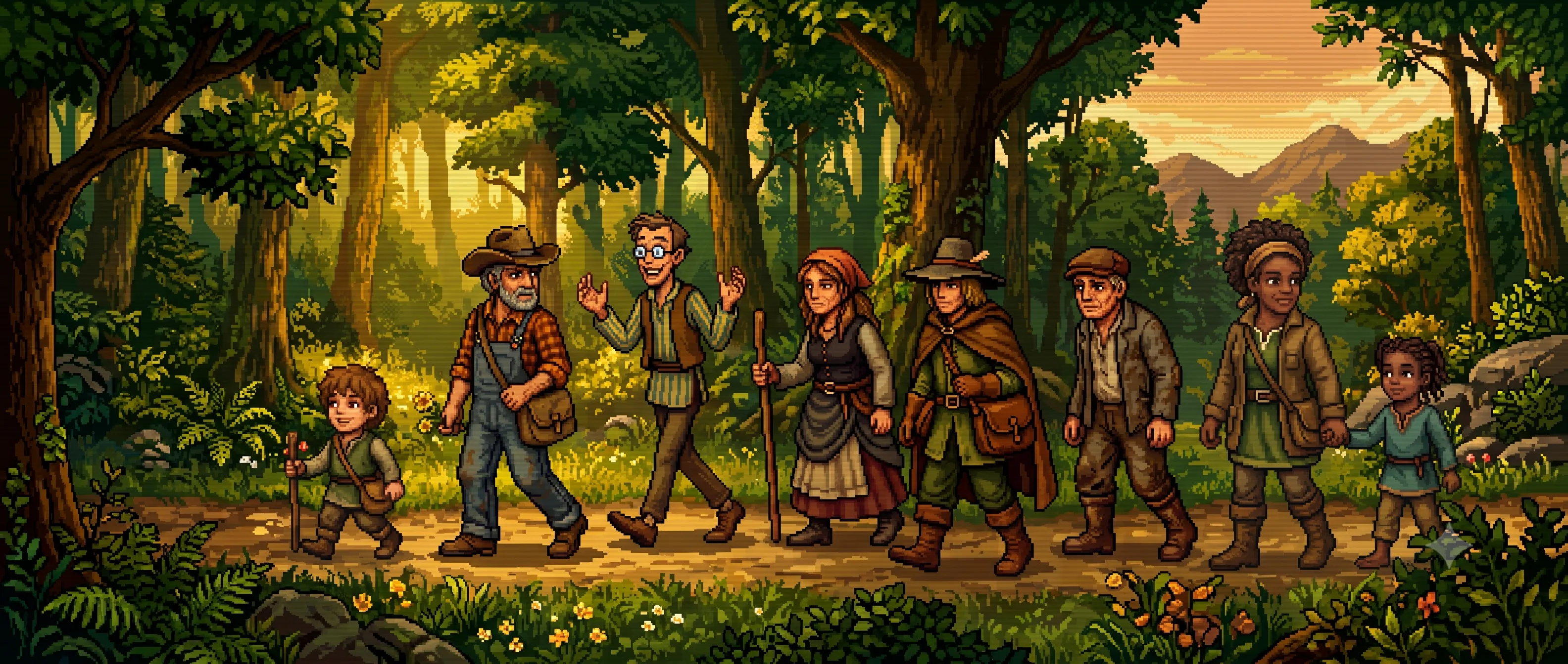 Pixel pilgrims walking through a forest — Ecclesia Community