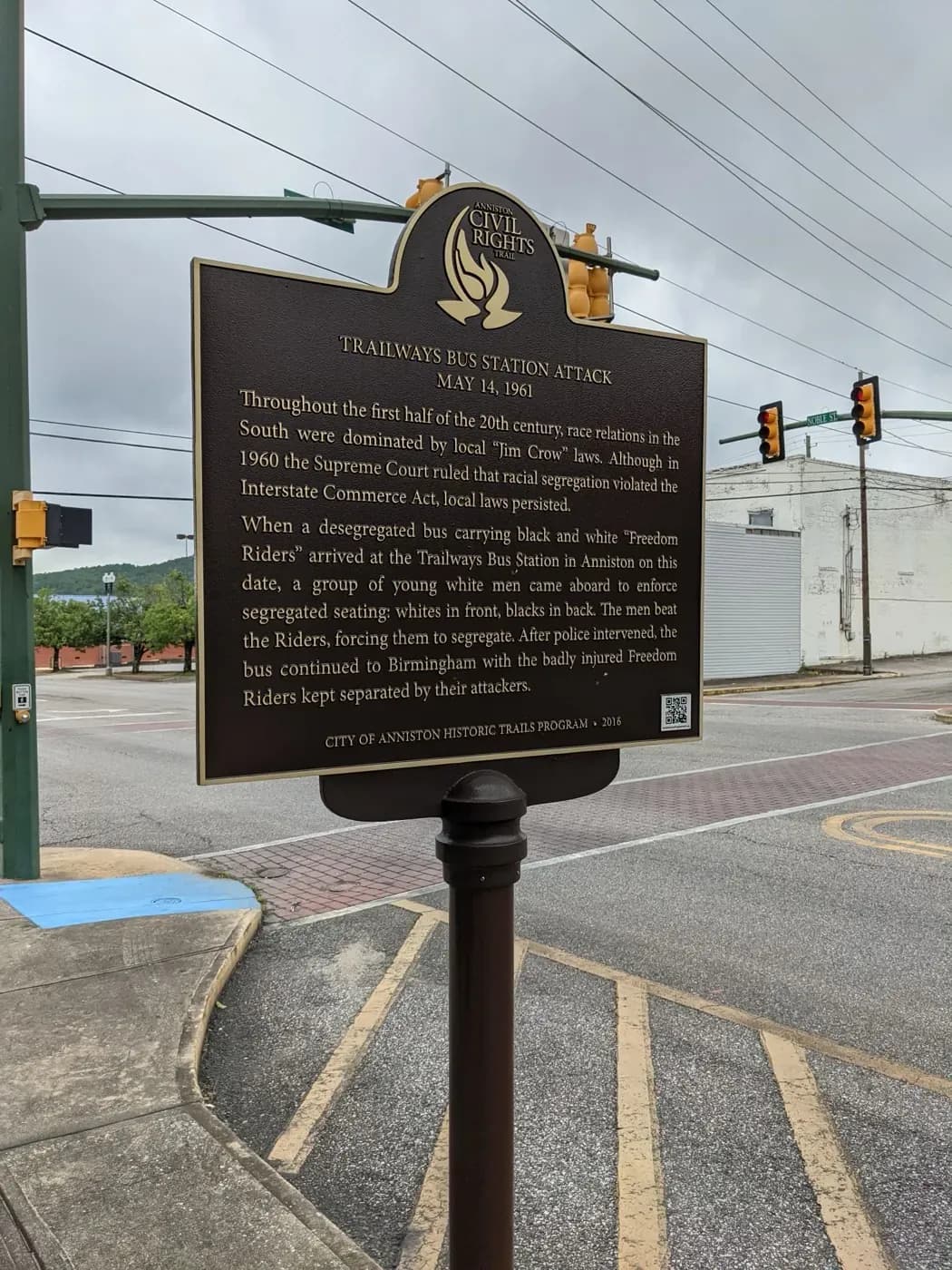 The Trailways Bus Station Attack Civil Rights Trail marker on Noble Street in Anniston, Alabama