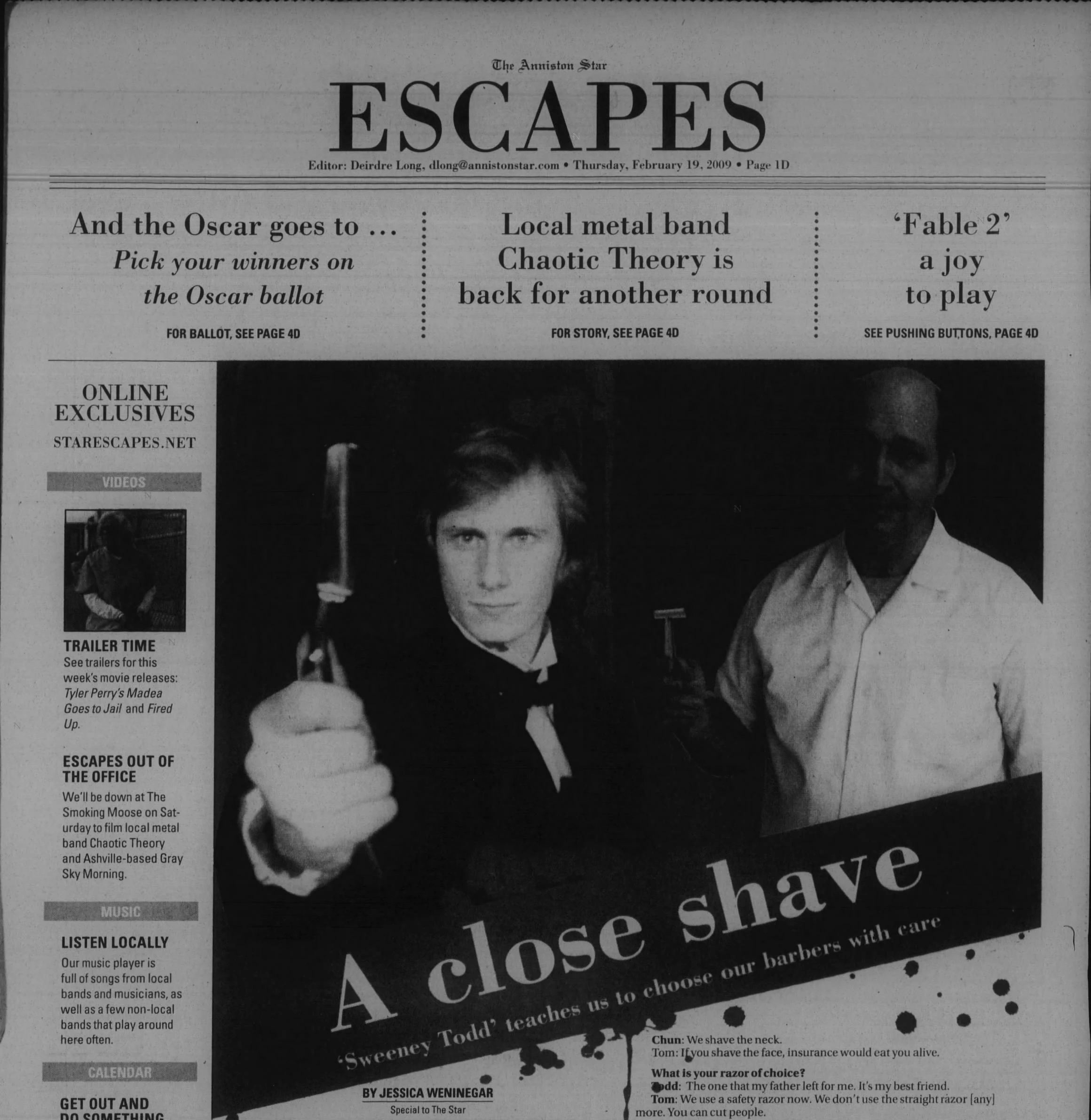 The Anniston Star ESCAPES section, February 19 2009 — A close shave feature on Matt Headley as Sweeney Todd