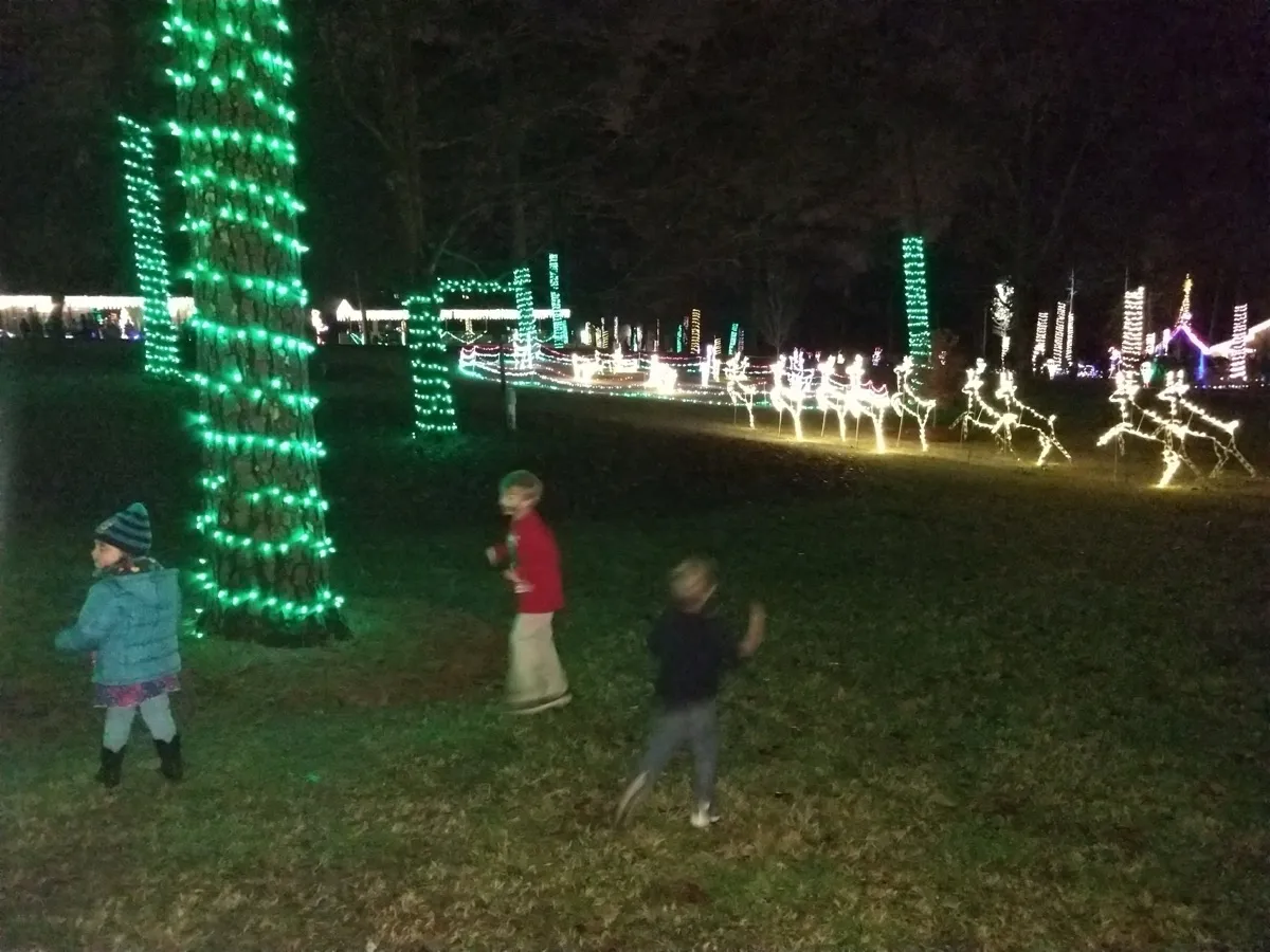 Children running through the Festival of Lights display at Noccalula Falls Park, December 2017